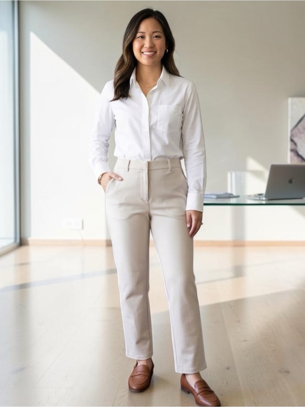 Quince Ultra-Stretch Ponte Straight Leg Pants Ecru Size L Petite L/28